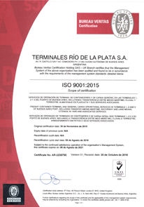 Certificación ISO 9001:2015 Bureau Veritas — Terminales Río de la Plata S.A.